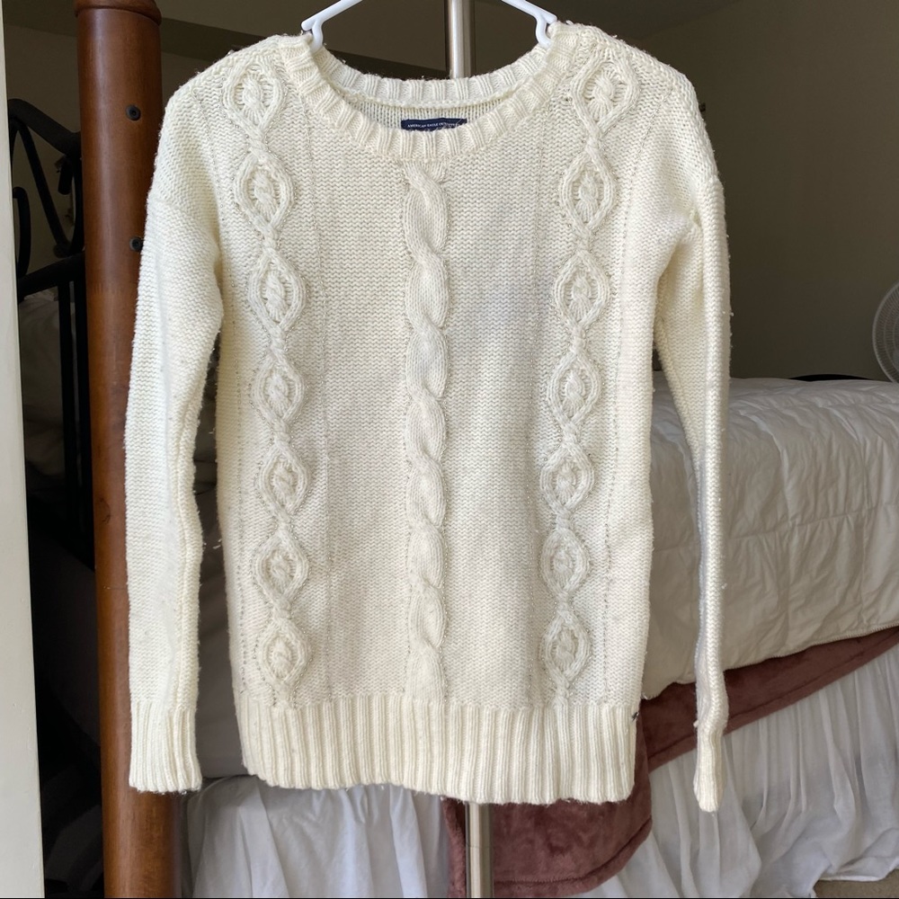 American Eagle White Sparkly Beaded Cable Knit Sweater